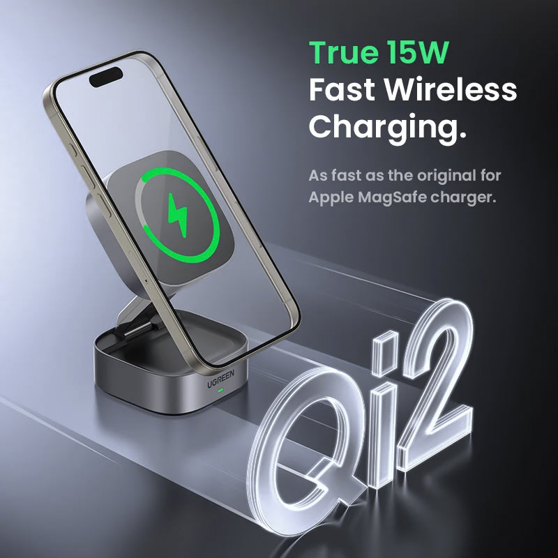 Qi2 Magnetic Wireless Charger Stand – 2-in-1 Fast Charging Dock for iPhone & AirPods