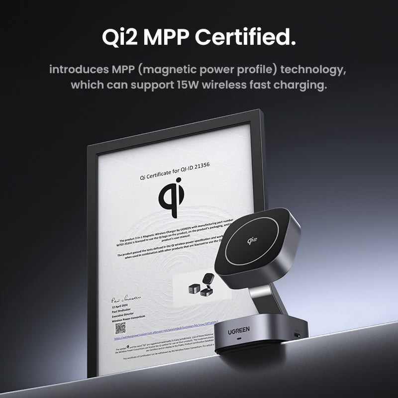 Qi2 Magnetic Wireless Charger Stand – 2-in-1 Fast Charging Dock for iPhone & AirPods