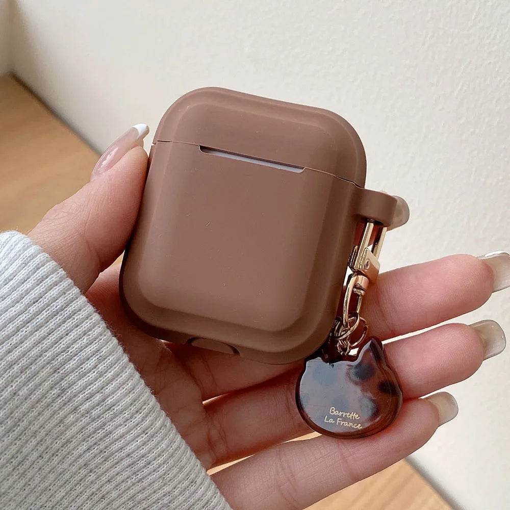 Silicone Case with Leopard Heart Charm for AirPods – Milk Tea Color Series