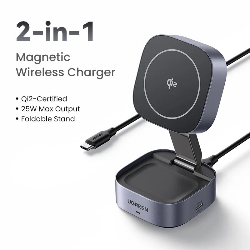 Qi2 Magnetic Wireless Charger Stand – 2-in-1 Fast Charging Dock for iPhone & AirPods