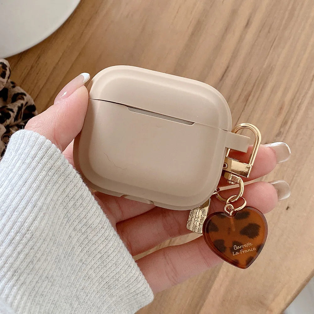 Silicone Case with Leopard Heart Charm for AirPods – Milk Tea Color Series