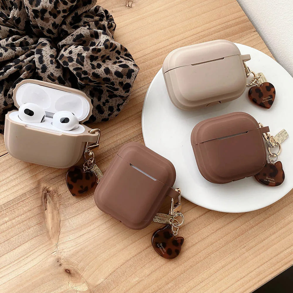Silicone Case with Leopard Heart Charm for AirPods – Milk Tea Color Series