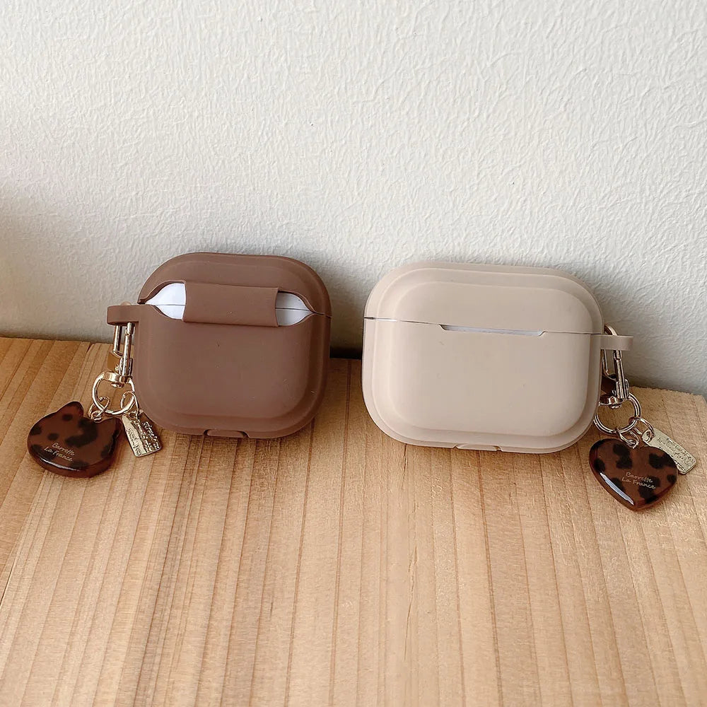 Silicone Case with Leopard Heart Charm for AirPods – Milk Tea Color Series