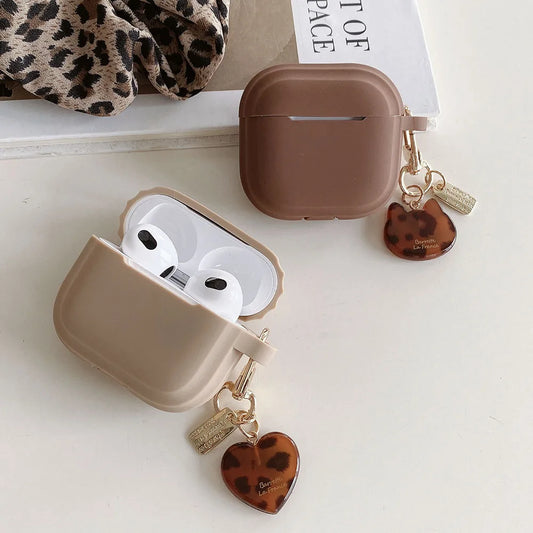 Silicone Case with Leopard Heart Charm for AirPods – Milk Tea Color Series
