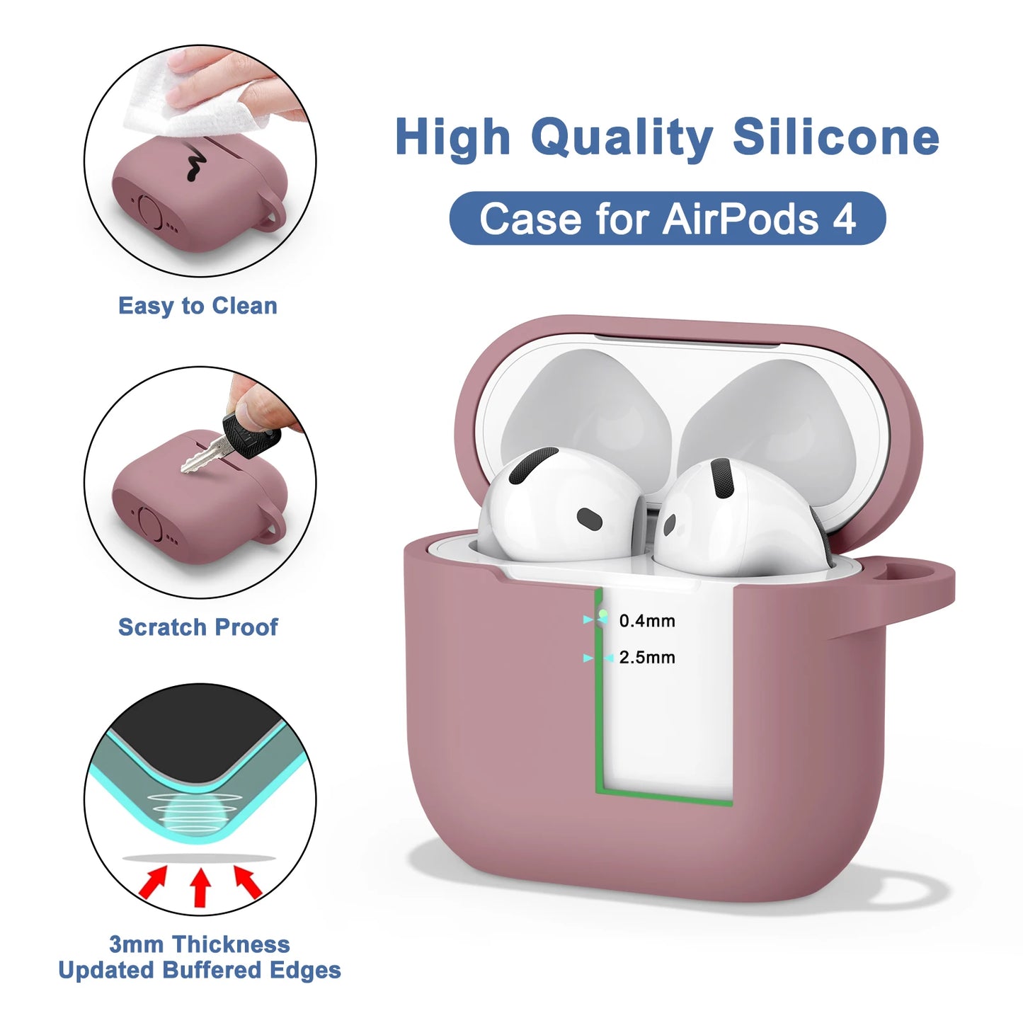 Soft Silicone Protective Case for AirPods 4 – With Strap & Clip