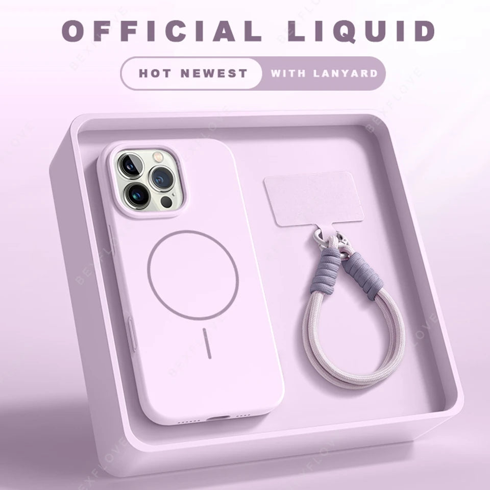 Magnetic Silicone Case with Lanyard for iPhone 11–16 Pro Max (MagSafe Compatible)