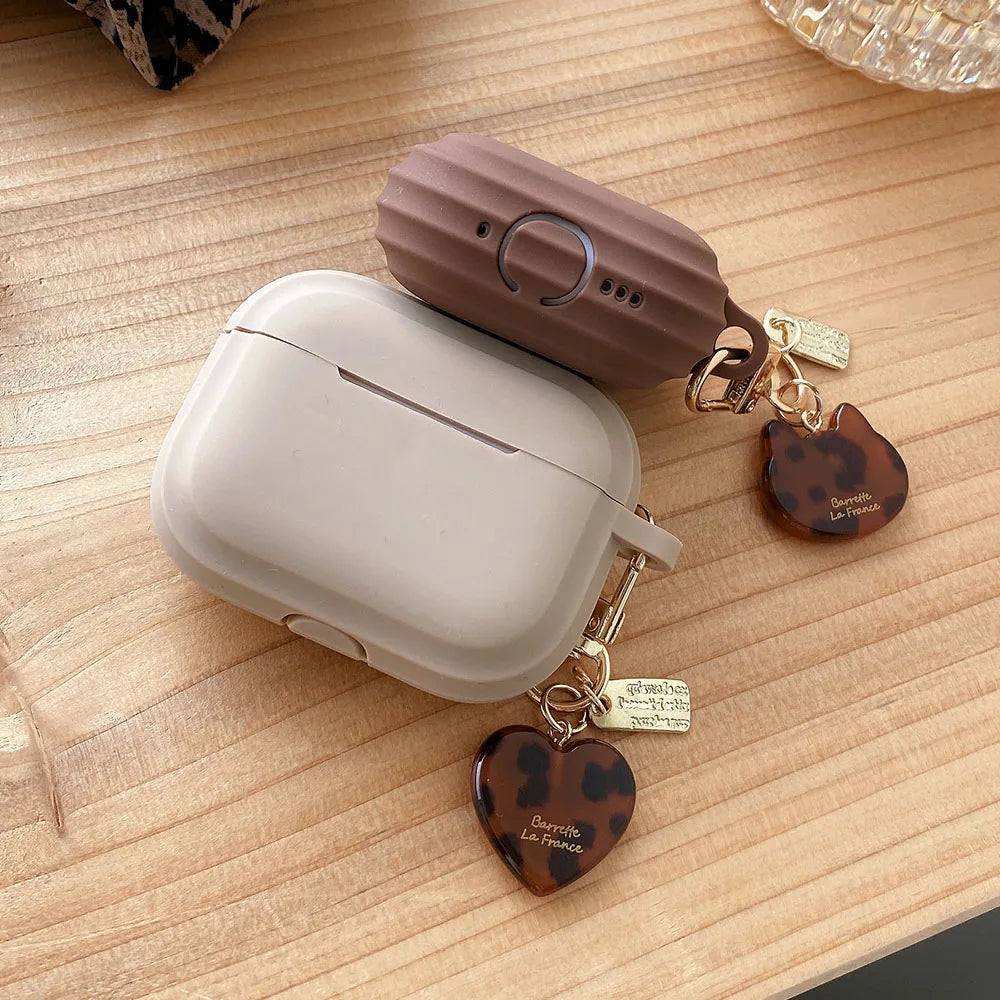 Silicone Case with Leopard Heart Charm for AirPods – Milk Tea Color Series