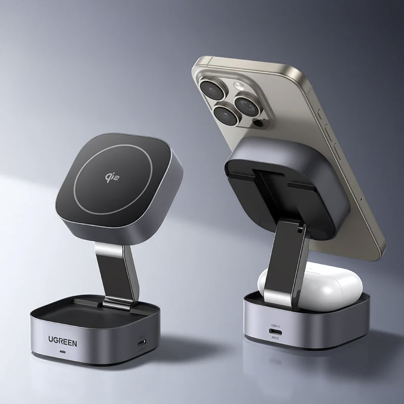 Qi2 Magnetic Wireless Charger Stand – 2-in-1 Fast Charging Dock for iPhone & AirPods
